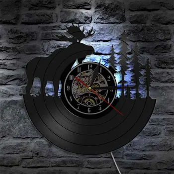 Disco de vinil Relógio de Parede com Luz da Noite da Floresta de Cervos Relógio de Parede Sala de estar decoração de Interiores Decoração de Presentes de Natal