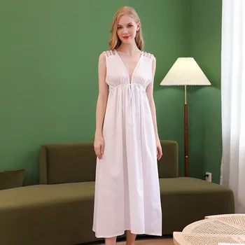 Camisola De Algodão Branco Mulheres De Longa Pijamas De Verão Novo Nightdress Femme Sem Mangas Roupa Casual Dormir Vestido De Casa Desgaste