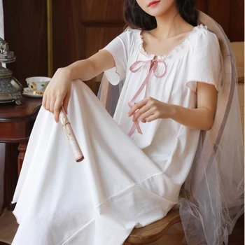 Vitoriano Vintage Camisolas Das Mulheres De Algodão Branco Pijamas Princesa Longo Sono De Noite Vestido De Peignoir De Senhoras De Pijamas, Sala De Vestir